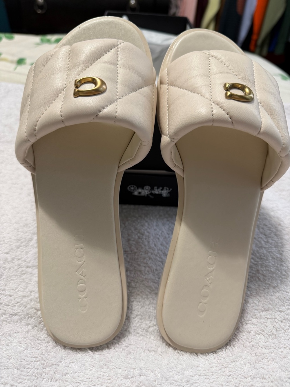 Coach Quilted Cream Slide Sandals with Gold Hardware